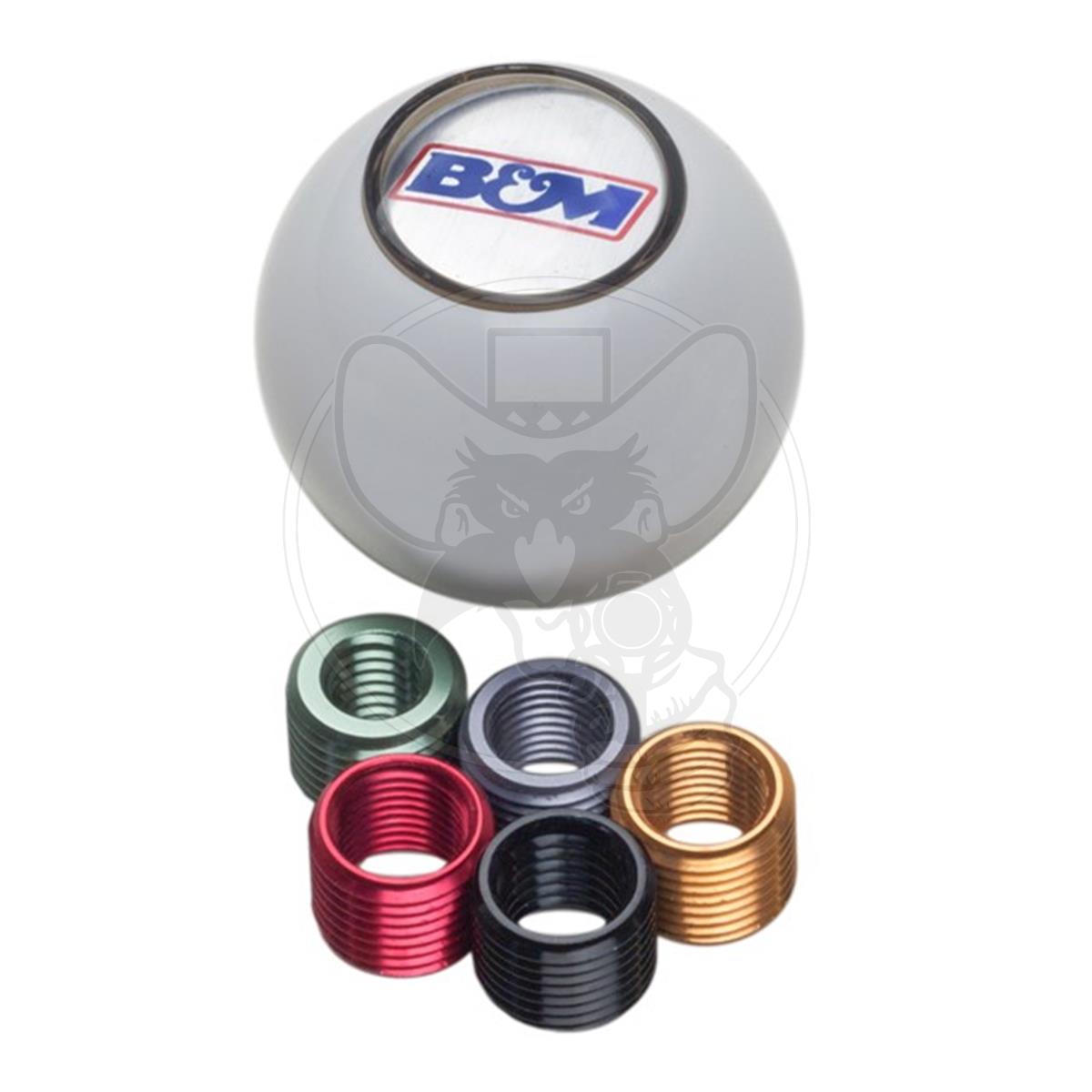 B&M GEAR SHIFTER KNOB ROUND WHITE WITH MULTIPLE THREAD ADAPTORS