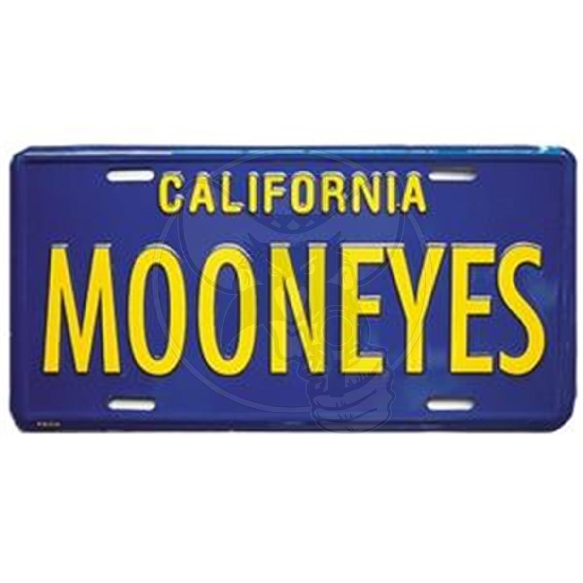 MOONEYES METAL NOVELTY LICENSE PLATE BLUE WITH YELLOW MOONEYES NAME