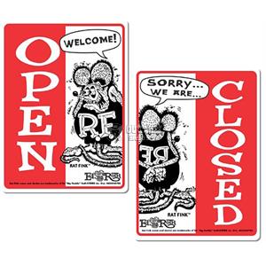 MOONEYES RAT FINK OPEN/CLOSED 2-SIDED DOOR SIGN RED & WHITE