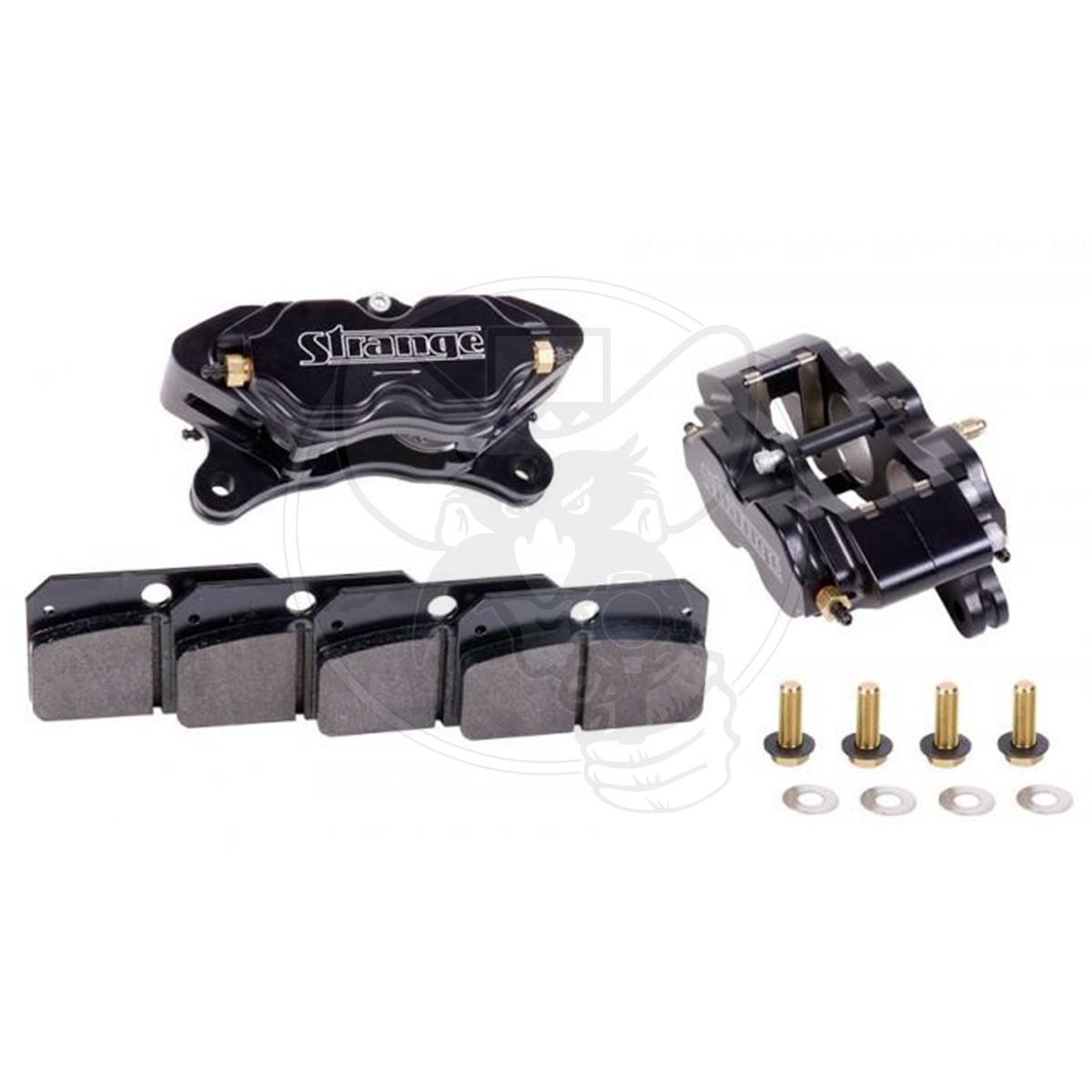 STRANGE 4 PISTON BRAKE CALIPER WITH MOUNTING HARDWARE & SOFT PADS